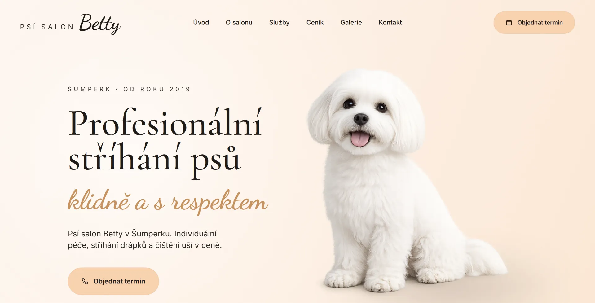Psí salon Betty – úvodní sekce webu