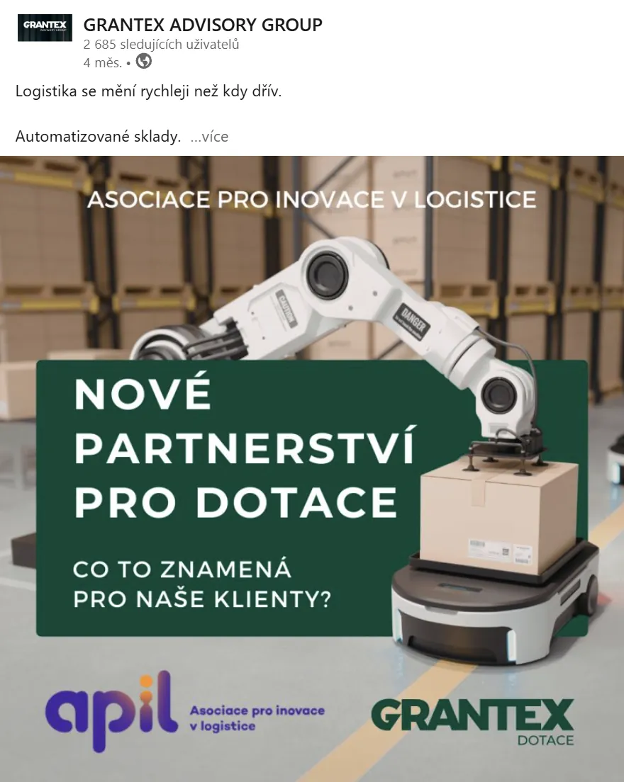 LinkedIn příspěvek GRANTEX – Nové partnerství pro dotace