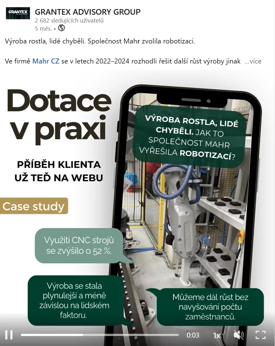 LinkedIn příspěvek GRANTEX – Dotace v praxi, případová studie Mahr