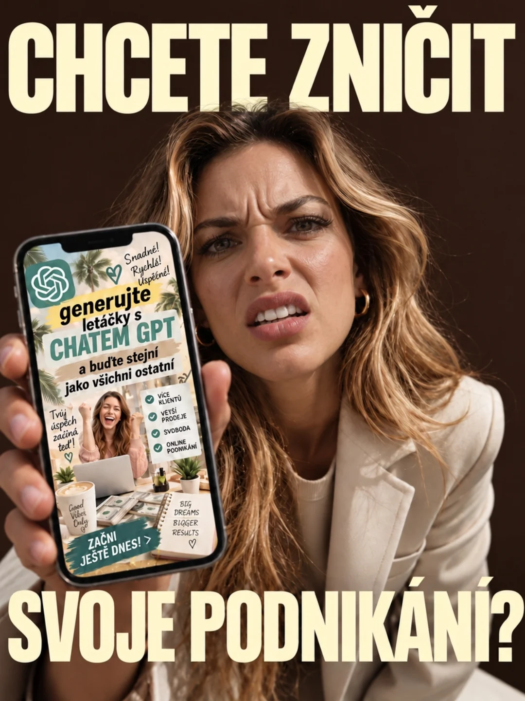 Reklamní vizuál kurzu AI grafika — žena s telefonem a headline „Chcete zničit své podnikání?“